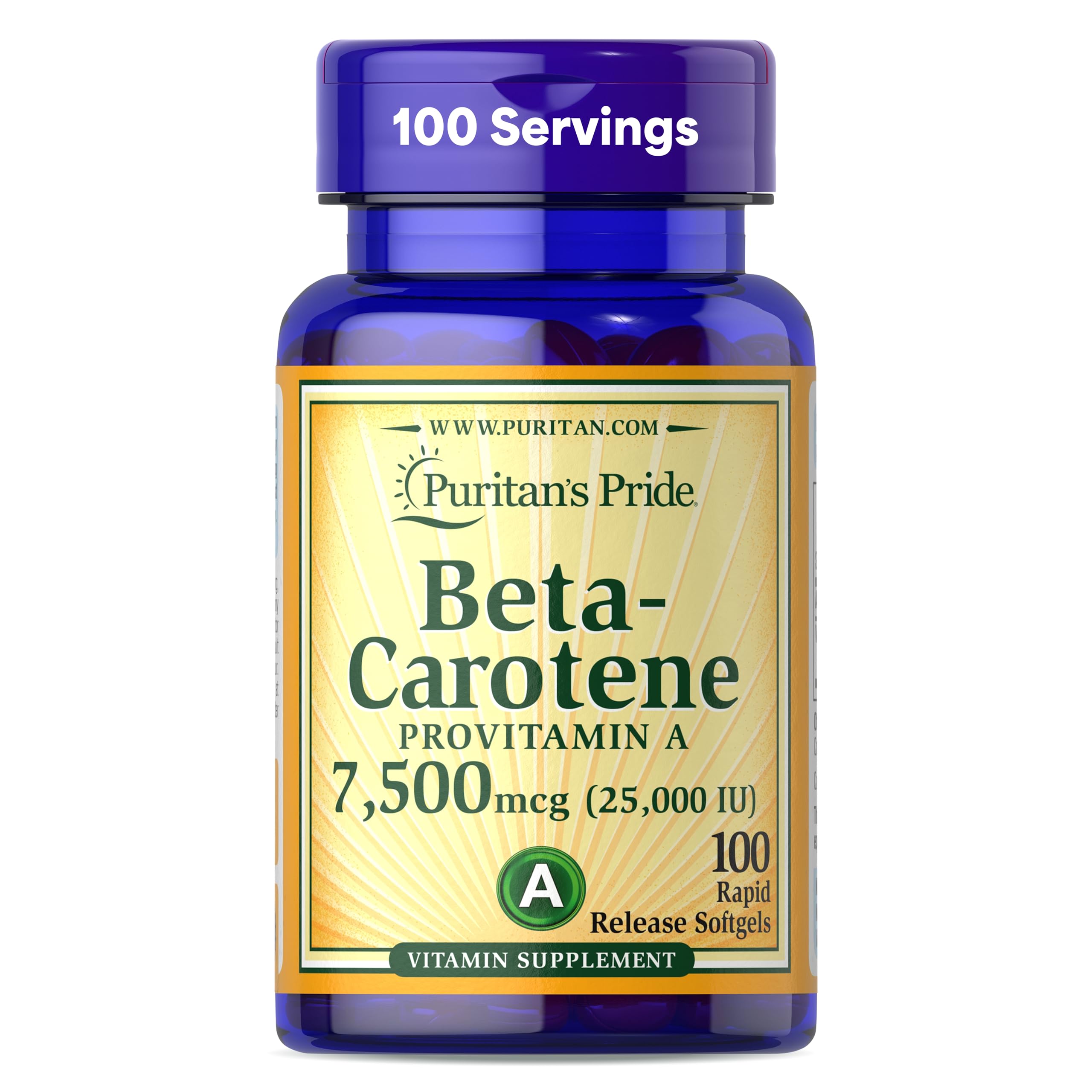 Puritan's Pride Beta Carotene bottle: 100-day supply for daily immune and eye support.