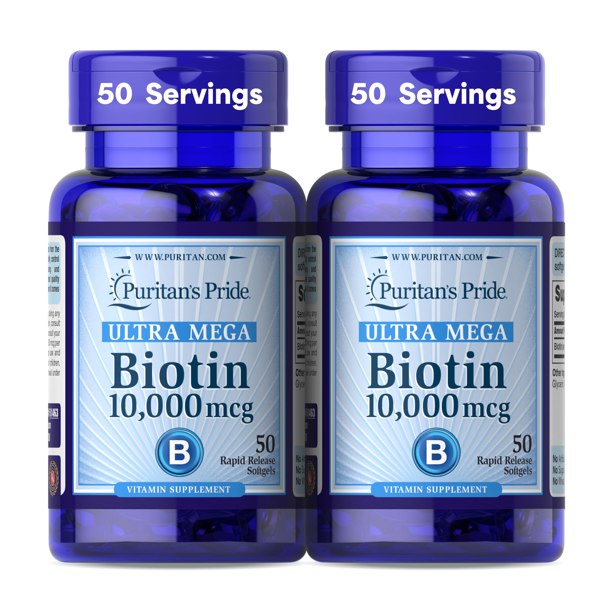 Puritan's Pride Biotin 10000mcg softgel bottle supports healthy hair, skin, and nails