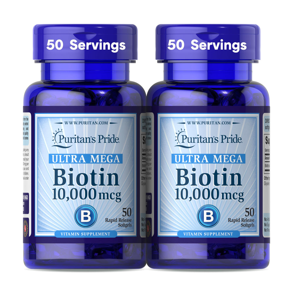 Puritan's Pride Biotin 10000mcg softgel bottle supports healthy hair, skin, and nails
