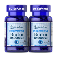 Puritan's Pride Biotin 10000mcg softgel bottle supports healthy hair, skin, and nails