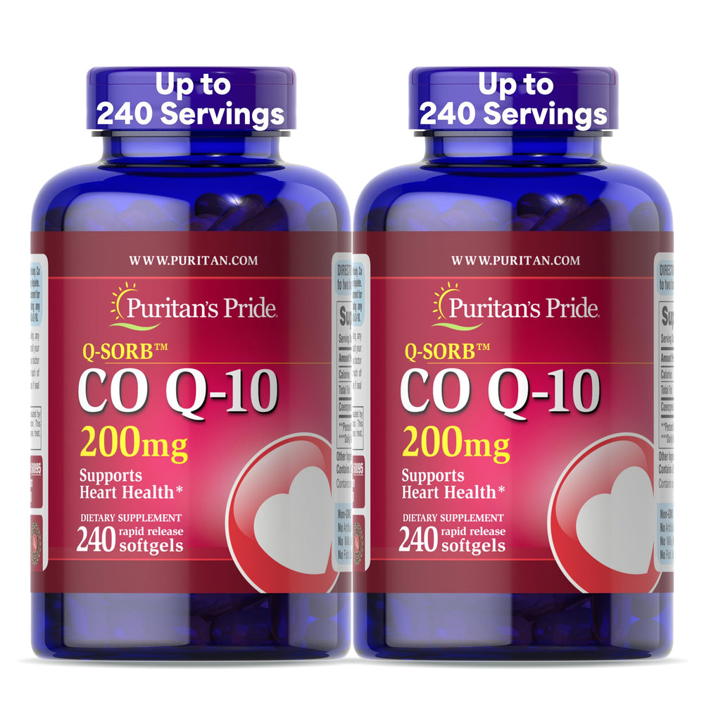 Puritan's Pride CoQ10 200mg bottle front shows heart health support.
