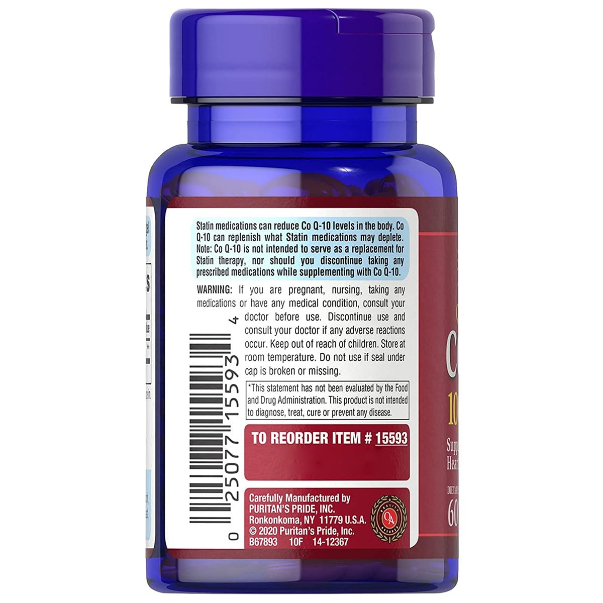 Puritan's Pride CoQ10 bottle label showing 100 mg dosage