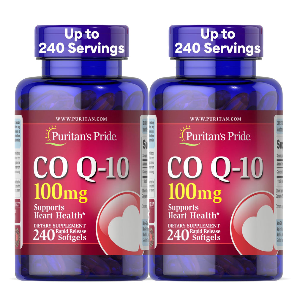 Puritan's Pride CoQ10 softgel bottle for heart health support and everyday energy.