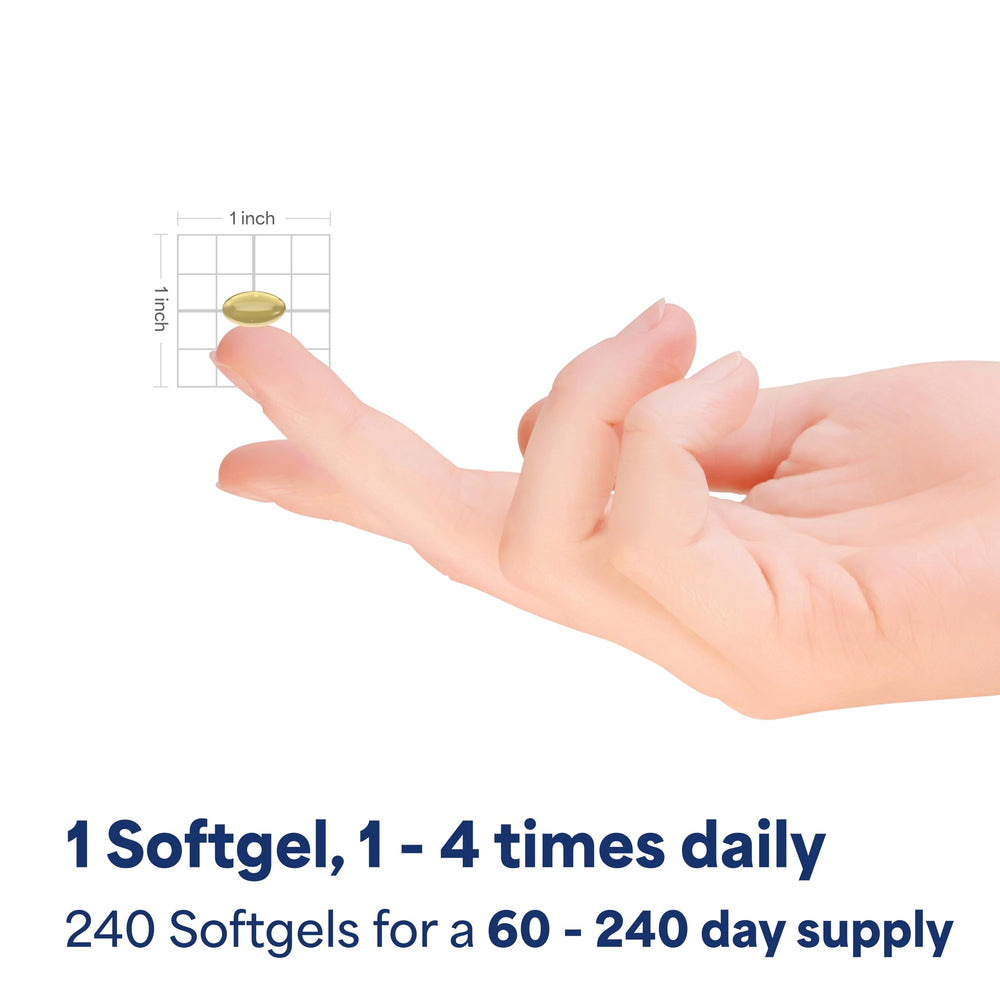 Puritan's Pride CoQ10 softgel capsule close-up shows smooth, easy-to-swallow texture.