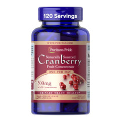 Puritan's Pride cranberry concentrate bottle displaying 500 mg per serving for daily use