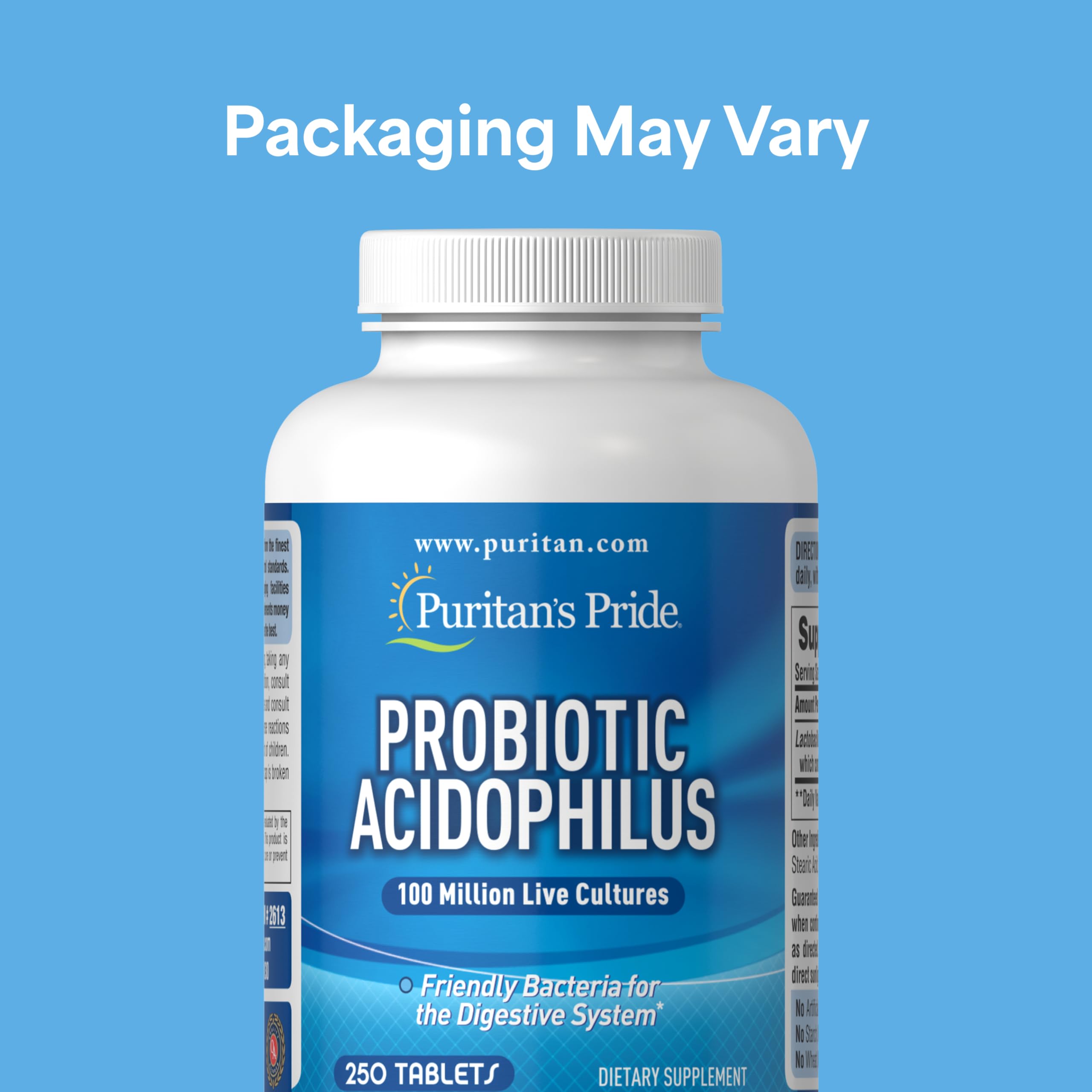 Puritan's Pride probiotic capsules close-up showing easy-to-swallow rapid-release design.