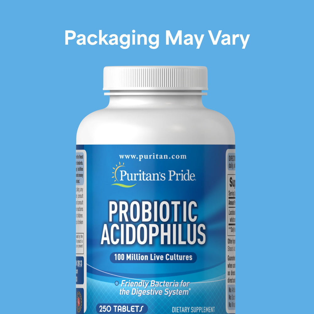 Puritan's Pride probiotic capsules close-up showing easy-to-swallow rapid-release design.