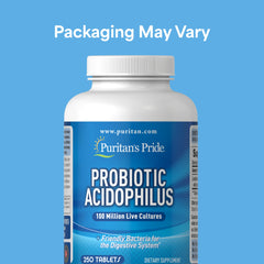 Puritan's Pride probiotic capsules close-up showing easy-to-swallow rapid-release design.