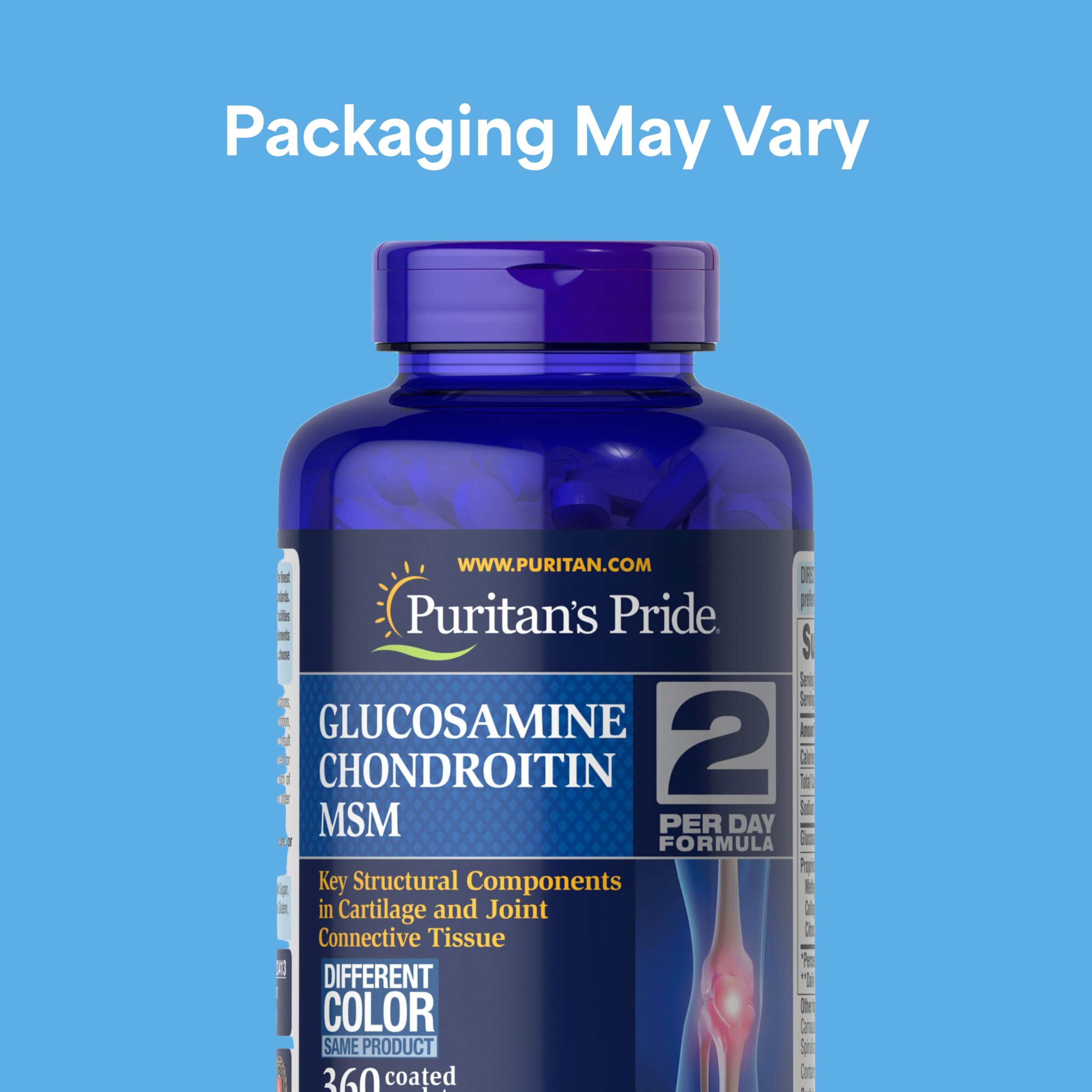Close-up of Puritan's Pride glucosamine chondroitin msm tablets showing coating and dosage.