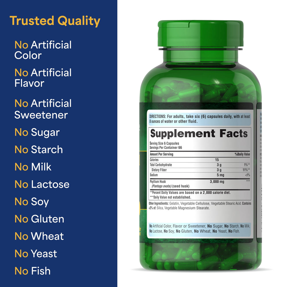 Puritan's Pride Herbal Ease Psyllium Husk bottle label highlighting product.