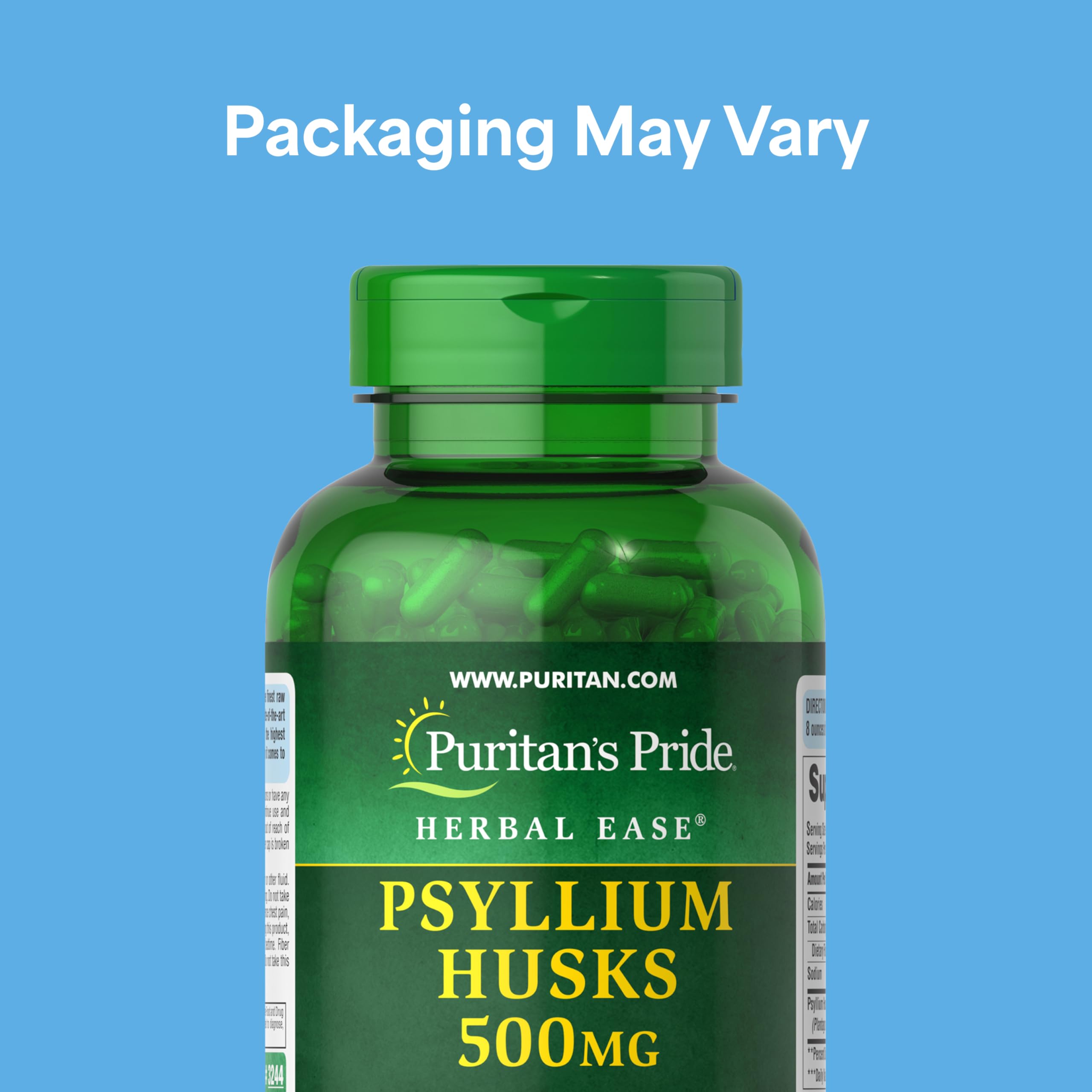 Puritan's Pride Psyllium Husk rapid-release capsules close-up for quick relief.