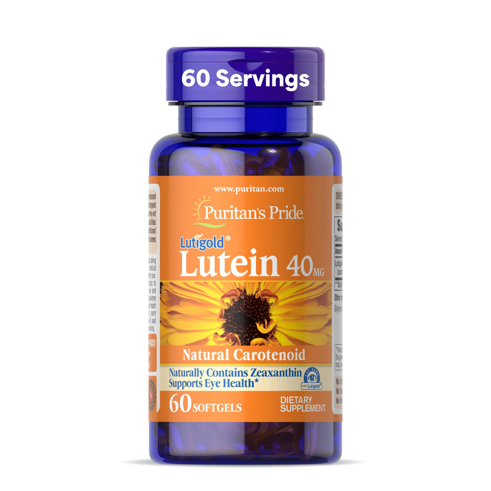 Puritan's Pride Lutigold lutein softgel bottle supports daily eye health and blue light filtration.