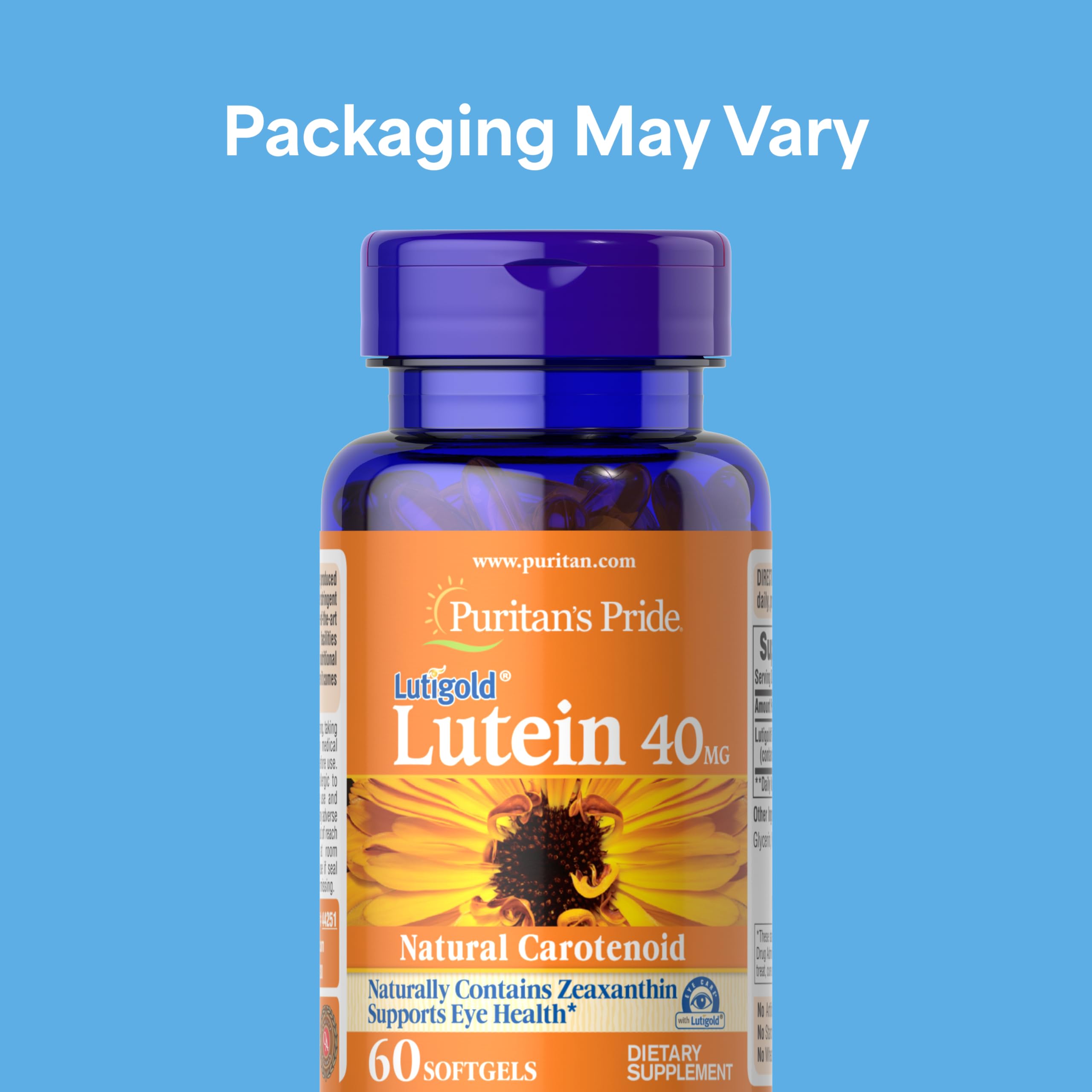 Puritan's Pride Lutigold lutein-zeaxanthin capsules closeup enhances macula support and comfort.