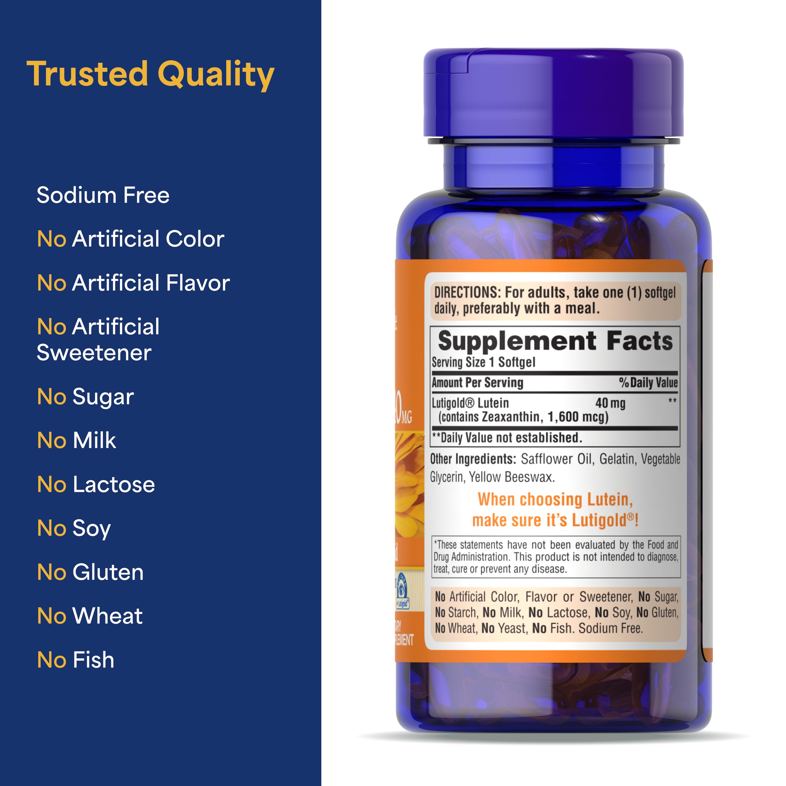 Puritan's Pride Lutigold macula-support capsules for central vision wellness.