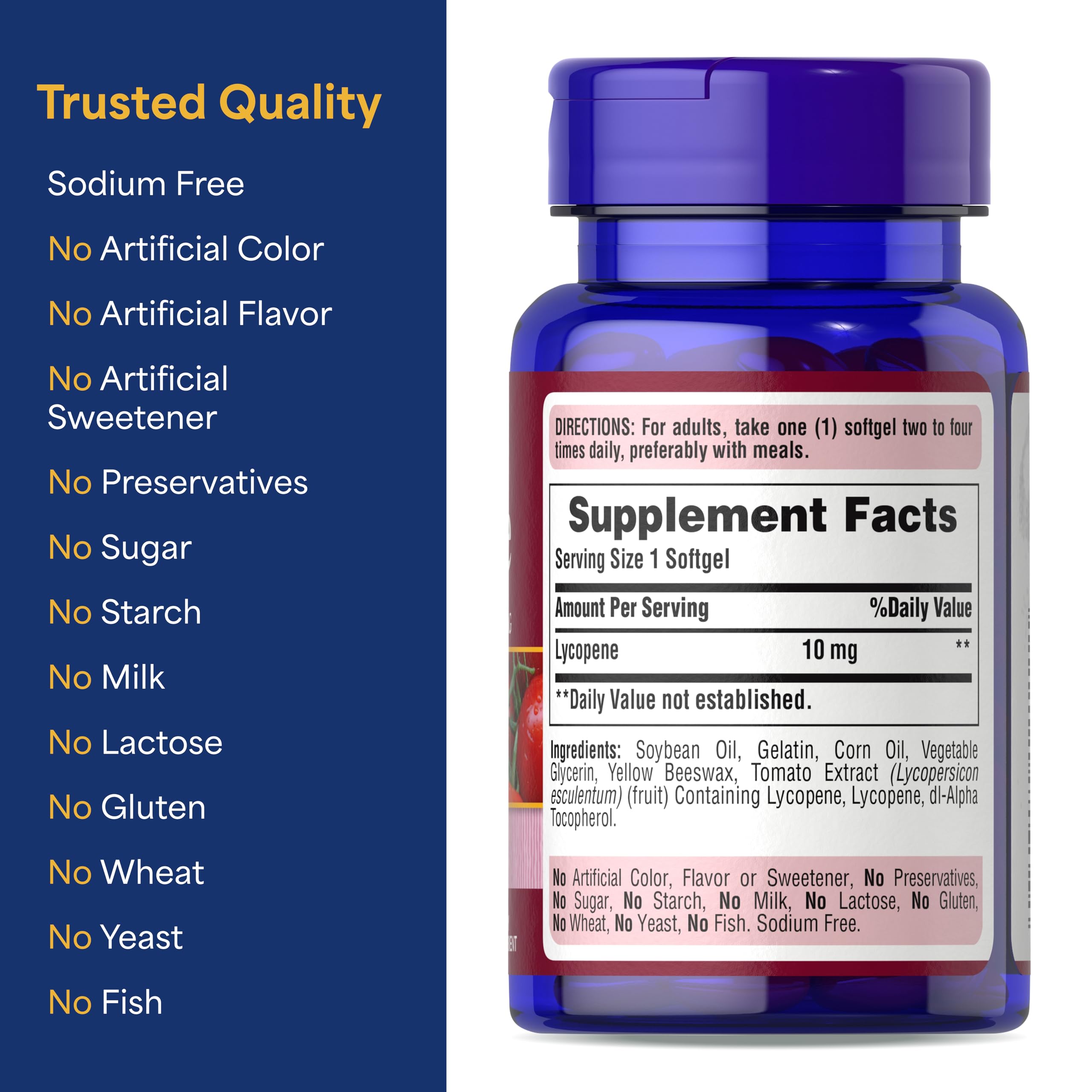 Puritan's Pride Lycopene 10mg softgels daily-use bottle—heart-friendly choices.