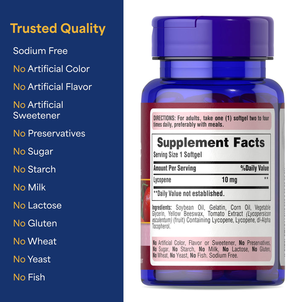 Puritan's Pride Lycopene 10mg softgels daily-use bottle—heart-friendly choices.