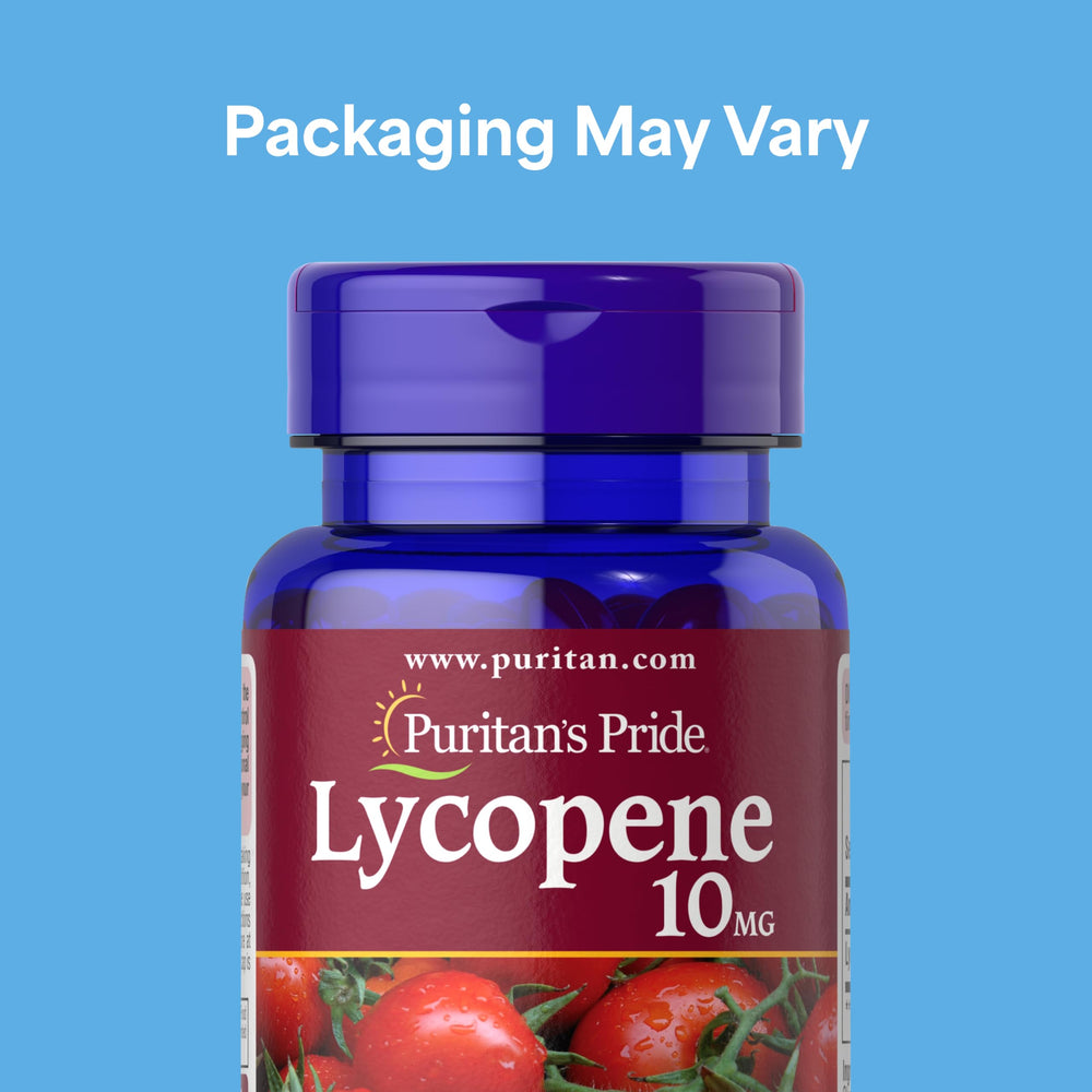 Puritan's Pride Lycopene 10mg softgels label, 100-count bottle, daily antioxidant support.