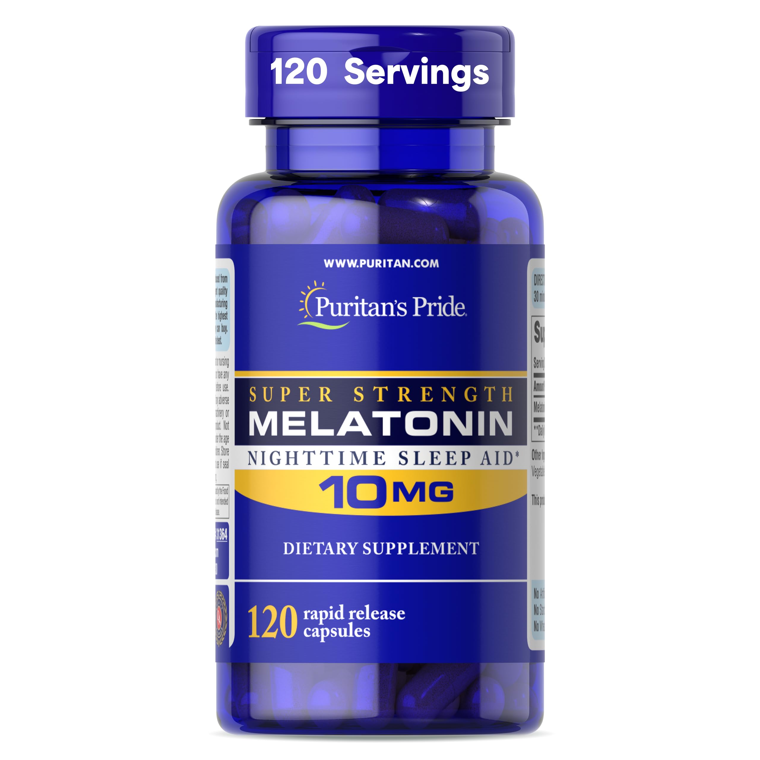 Puritan's Pride Melatonin bottle supports quicker sleep onset and longer rest.