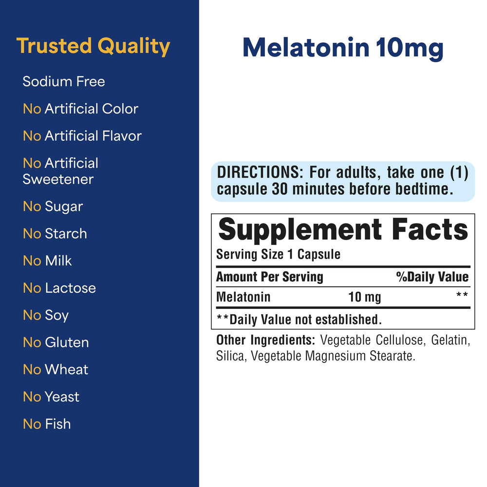 Puritan's Pride Melatonin capsules pour demonstrates easy nightly dosing.