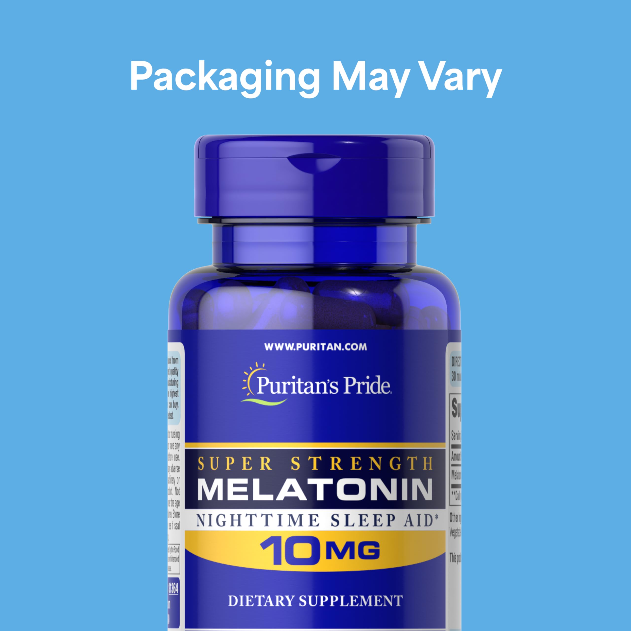 Puritan's Pride Melatonin capsules close-up aid natural sleep.