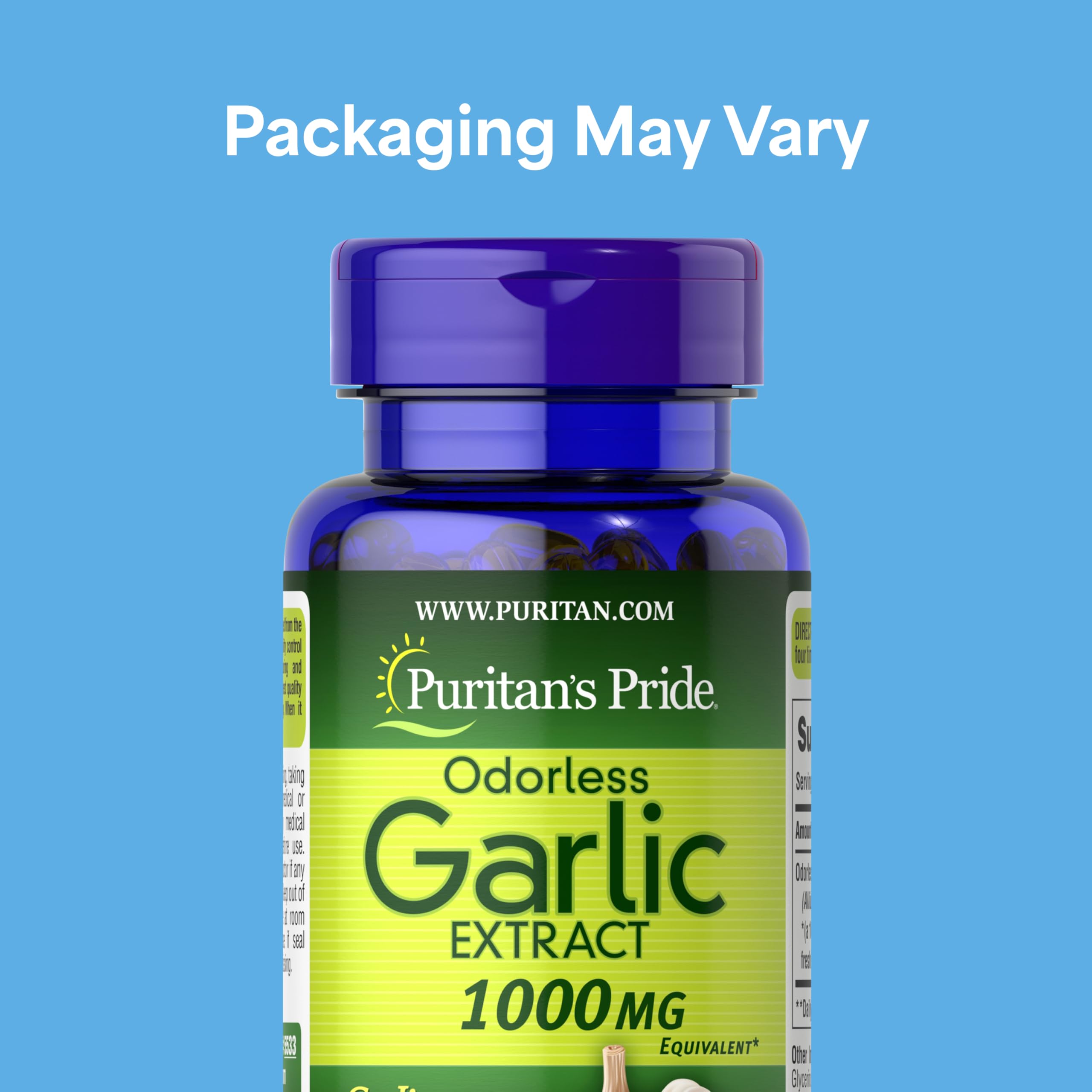 Puritan's Pride odorless garlic softgels pack for easy daily routine.