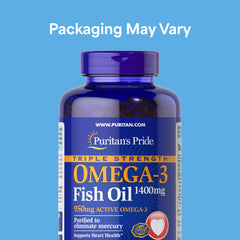 Puritan's Pride omega-3 softgels pack; easy-to-swallow capsules for daily wellness.