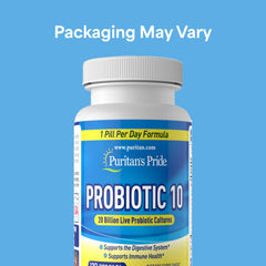 Puritan's Pride Probiotic 10 capsules close-up for daily immune support.