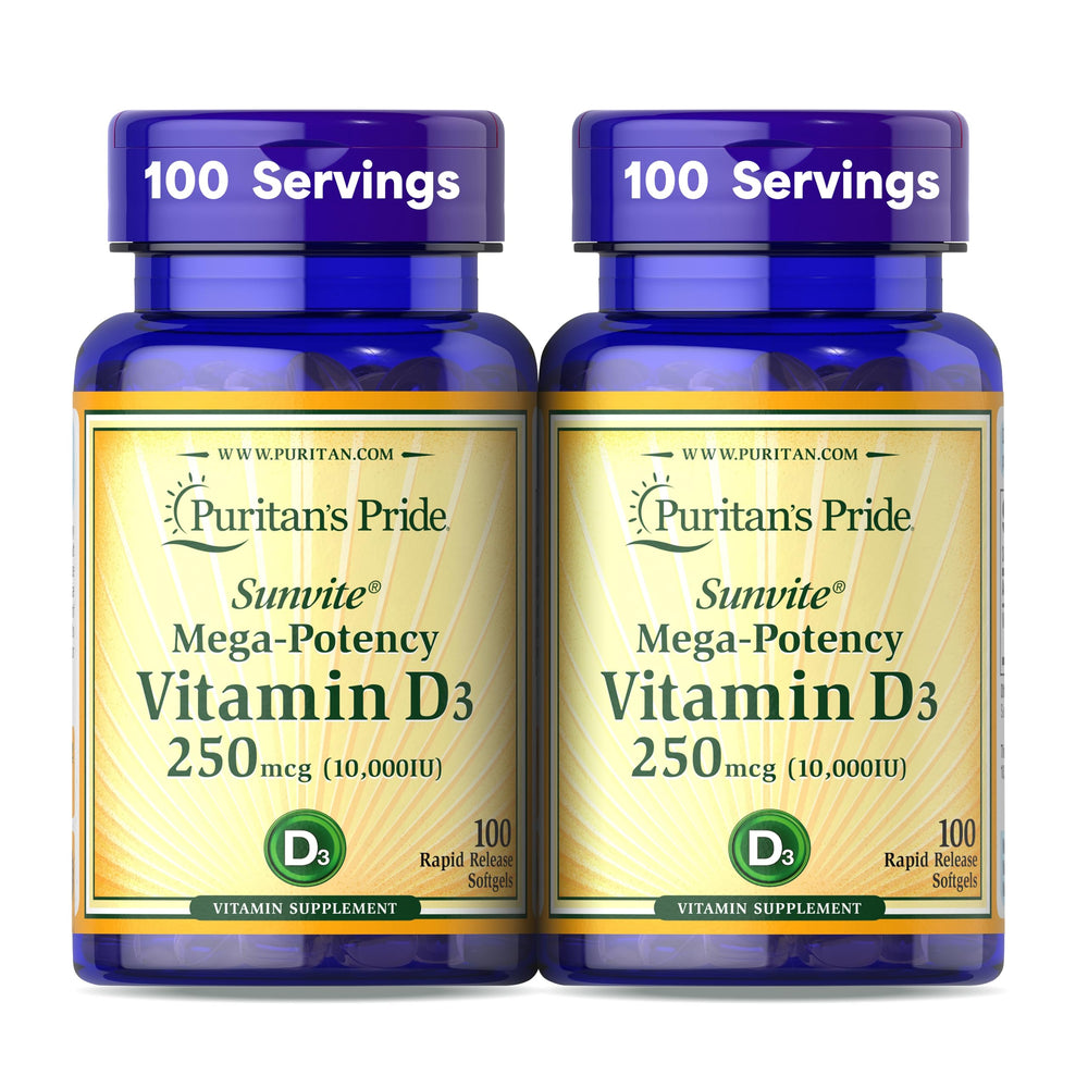 Puritan's Pride Sunvite bottle front view with vitamin D3 softgels for immune support