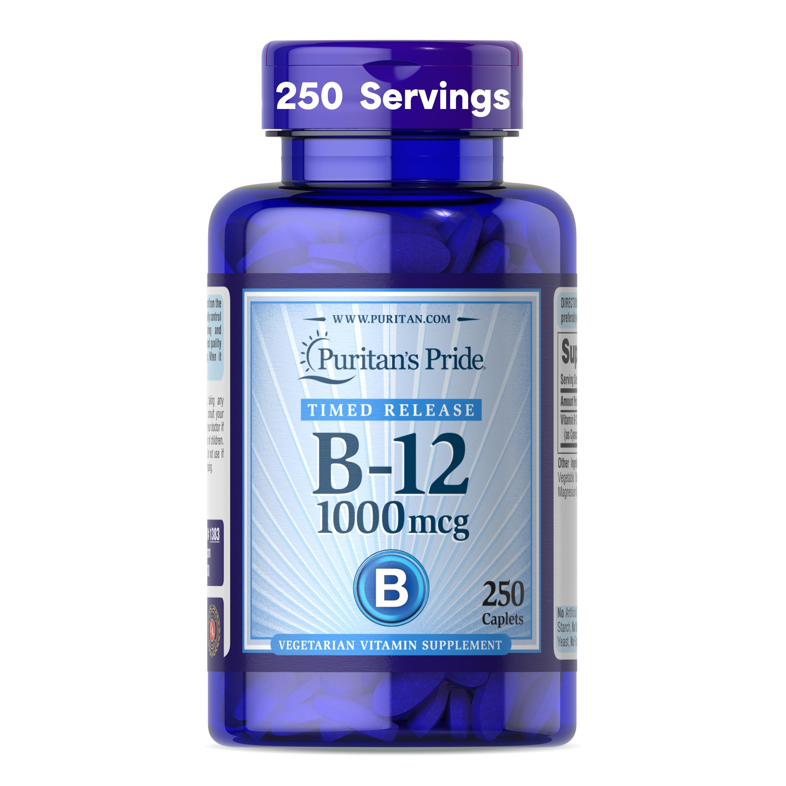 Puritan's Pride Timed Release B-12 bottle label highlights energy support.