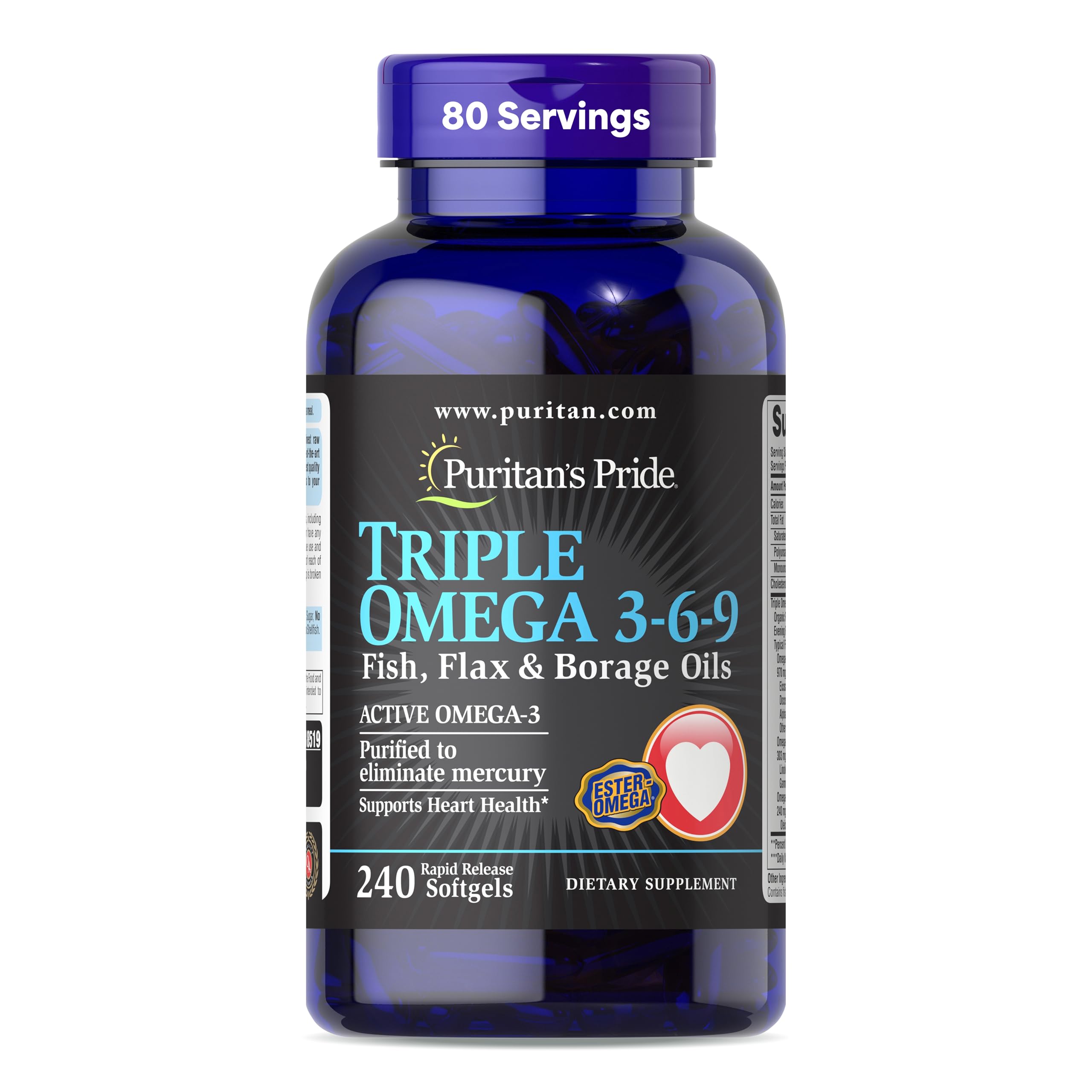 Puritan's Pride triple Omega 3-6-9 bottle for daily heart support