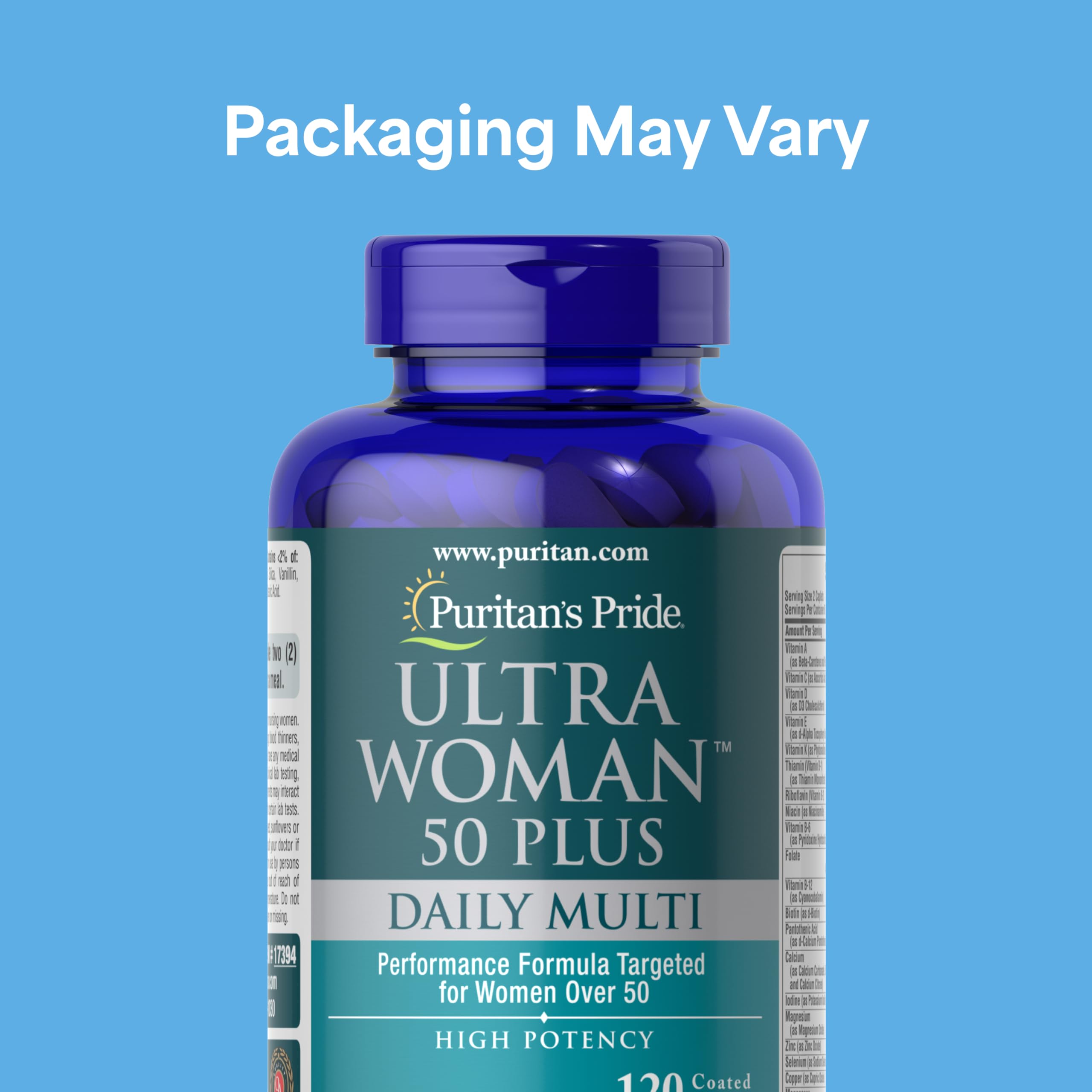 Puritan's Pride Ultra Woman 50 Plus capsules inside illustrate easy daily supplementation for energy.