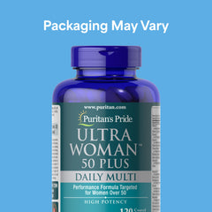 Puritan's Pride Ultra Woman 50 Plus capsules inside illustrate easy daily supplementation for energy.