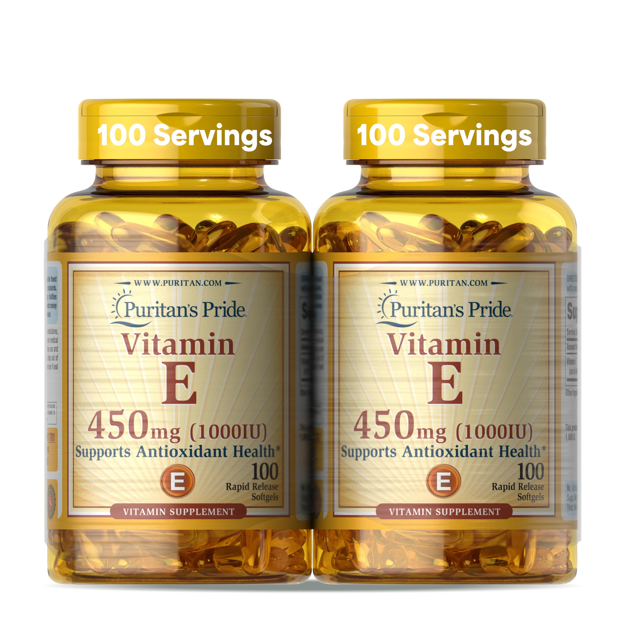 Puritan's Pride Vitamin E-450mg bottle with rapid-release softgels for antioxidant support.