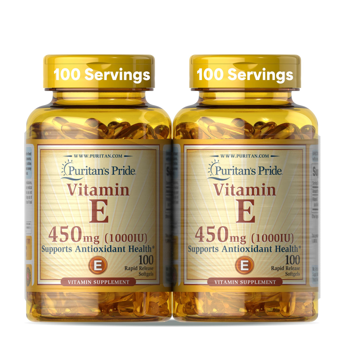 Puritan's Pride Vitamin E-450mg bottle with rapid-release softgels for antioxidant support.