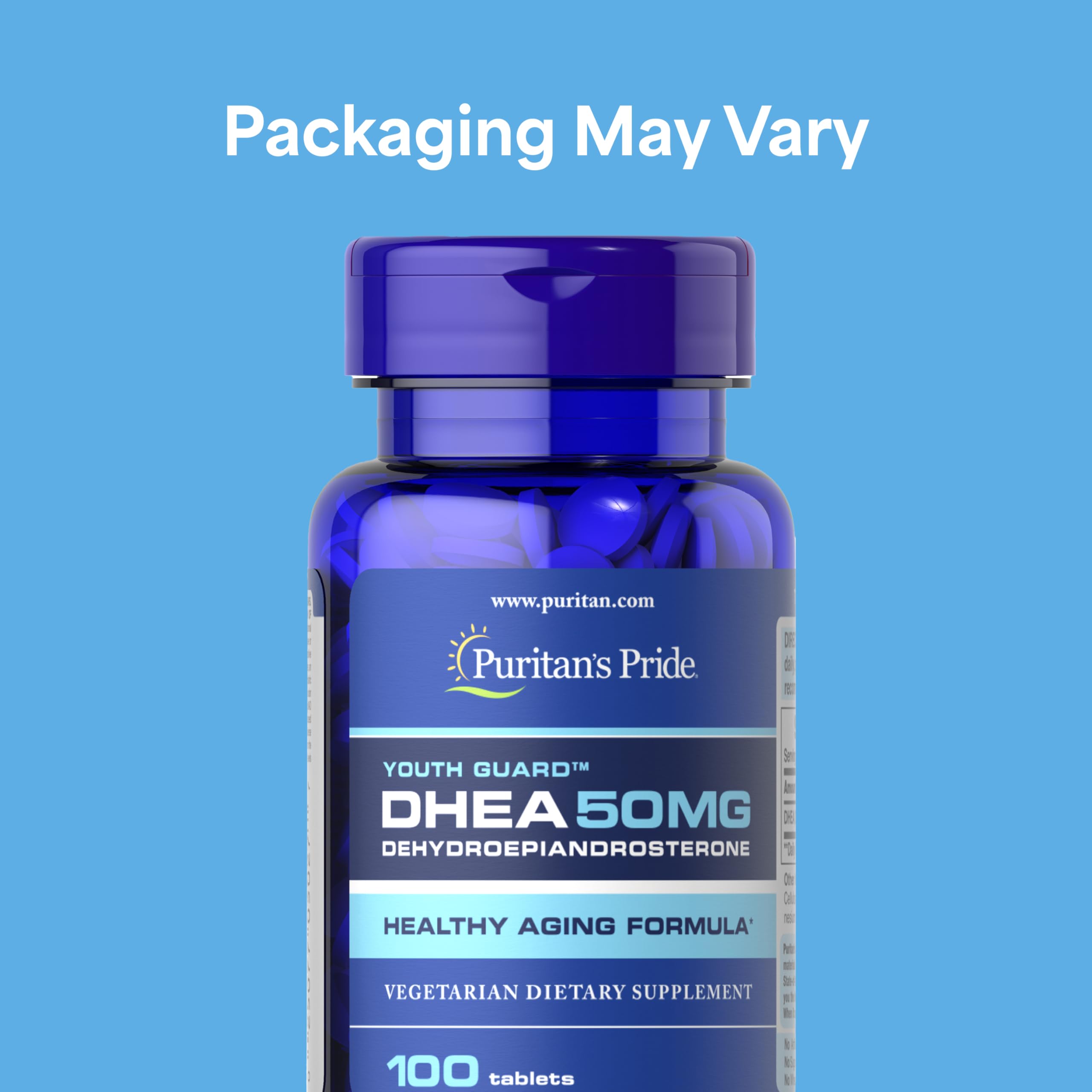 Puritan's Pride Youth Guard DHEA tablets close-up for daily intake