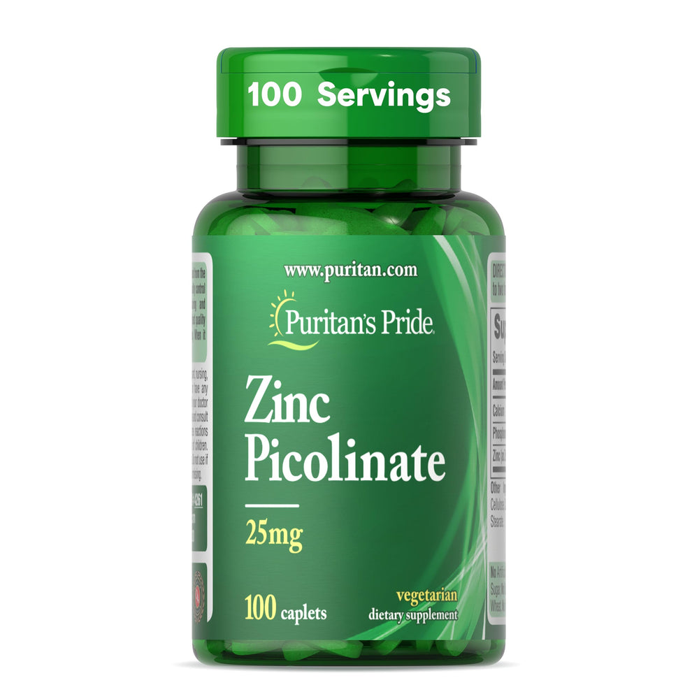Puritan's Pride zinc picolinate bottle front view highlights 25 mg caplets for immune support