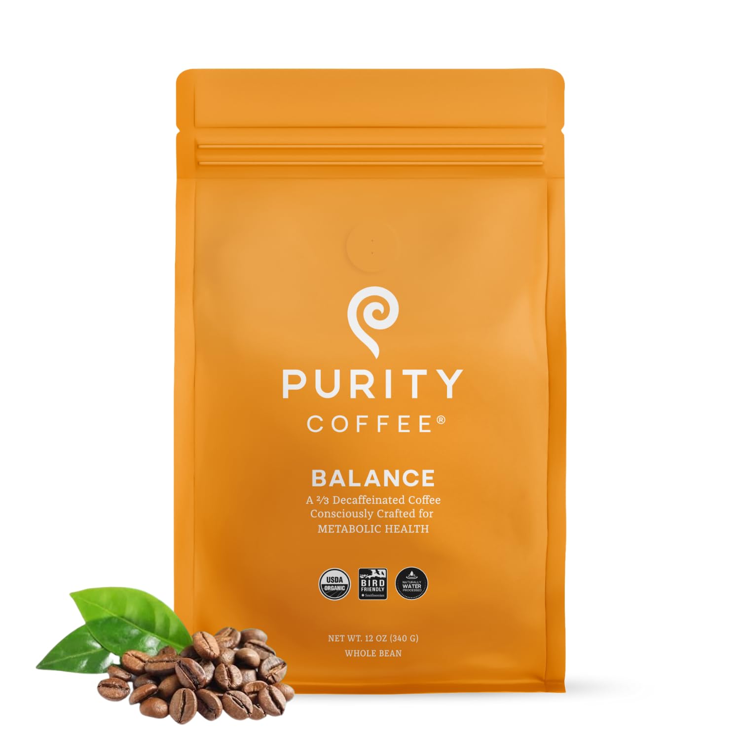 Purity Coffee Balance bag front with organic label and fresh aroma promise.