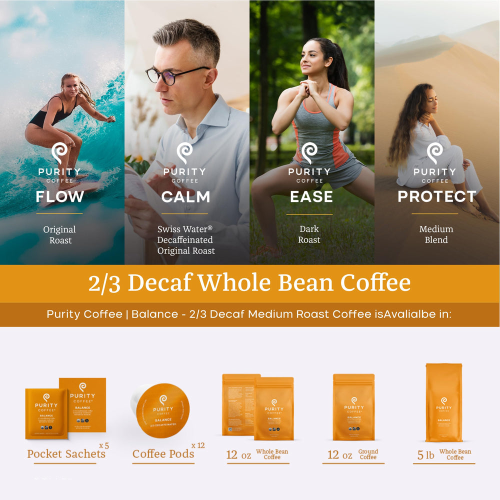 Purity Coffee Balance beans close-up suggests high antioxidant potential and clean tasting cup.