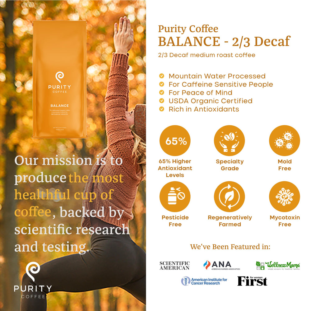 Purity Coffee Balance label organic close-up highlighting regenerative farming and third-party testing.