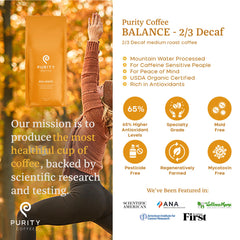 Purity Coffee Balance label organic close-up highlighting regenerative farming and third-party testing.