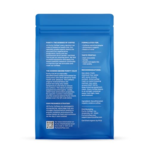 Purity Coffee CALM decaf bag back with certifications and processing info