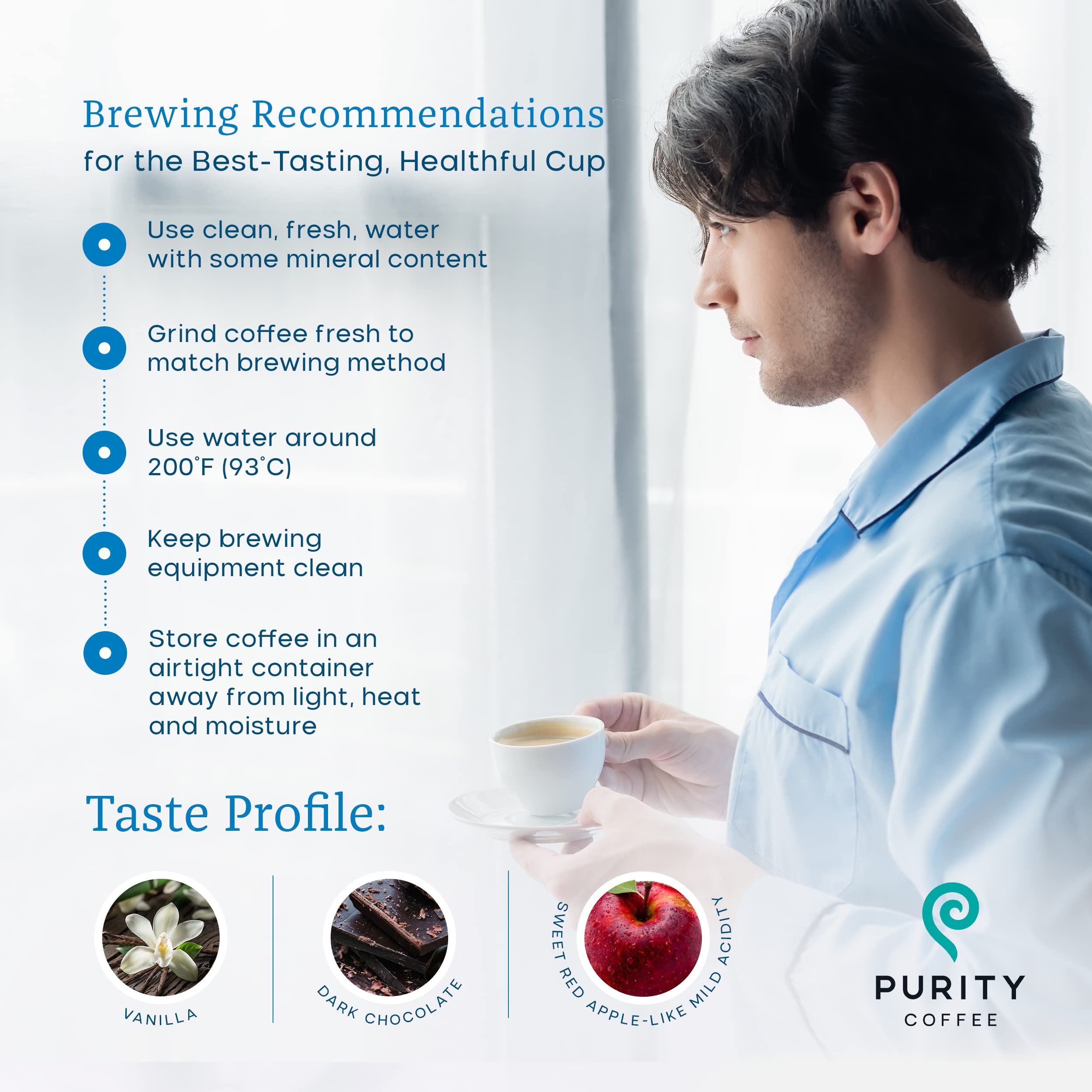 Purity Coffee CALM decaf brewed cup with aroma and steam