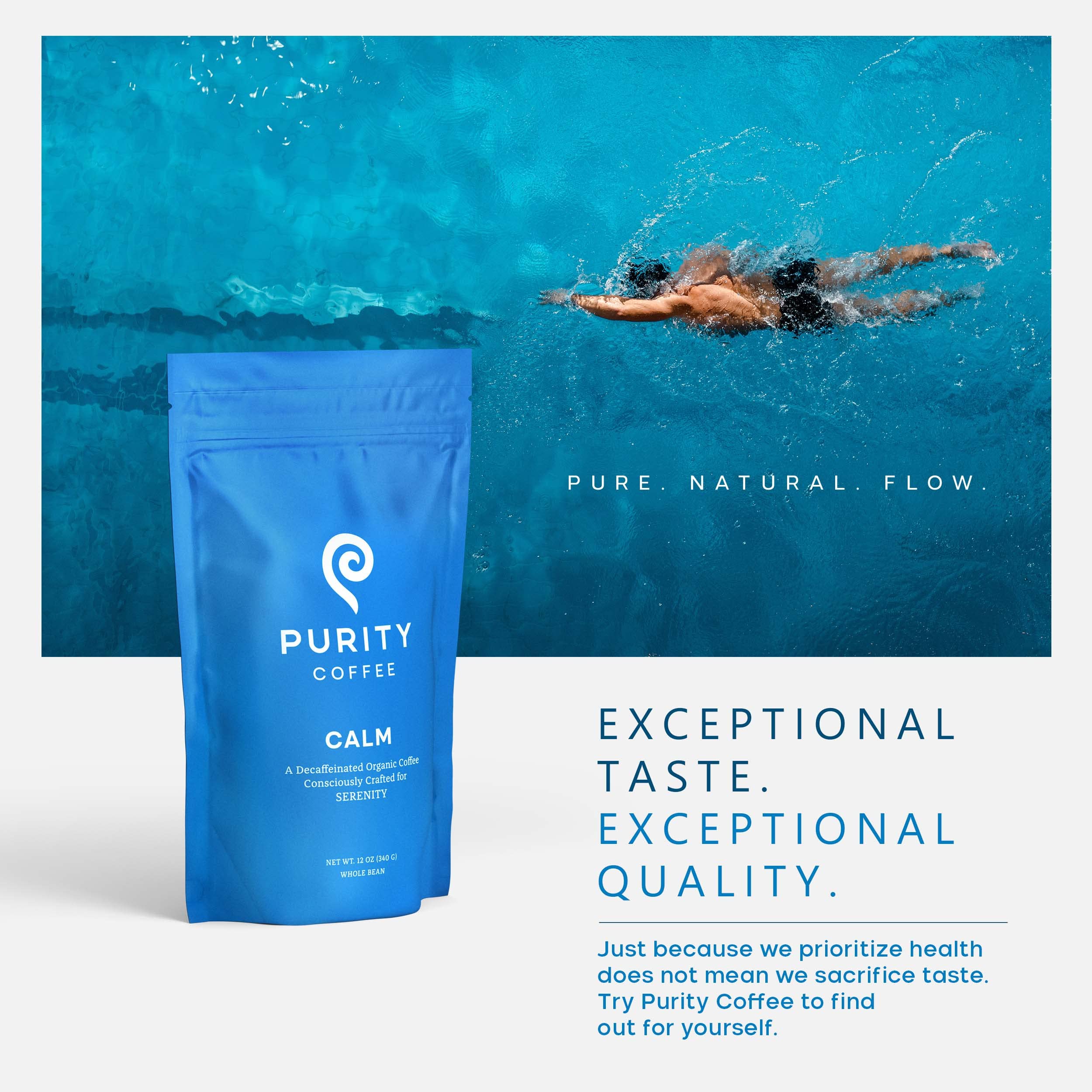 Purity Coffee CALM decaf packaging in sustainable setup