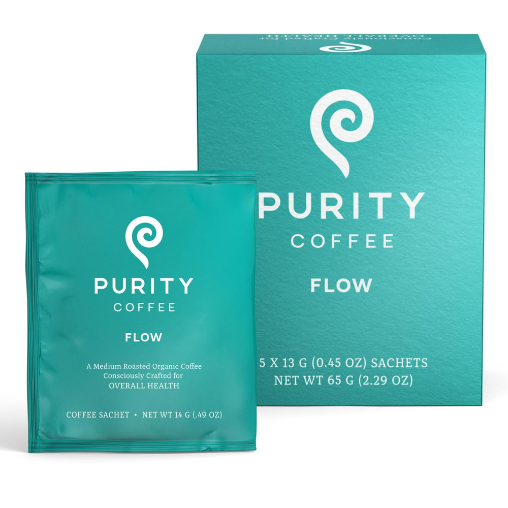 Purity Coffee FLOW box with original medium roast and sachets for convenient brewing