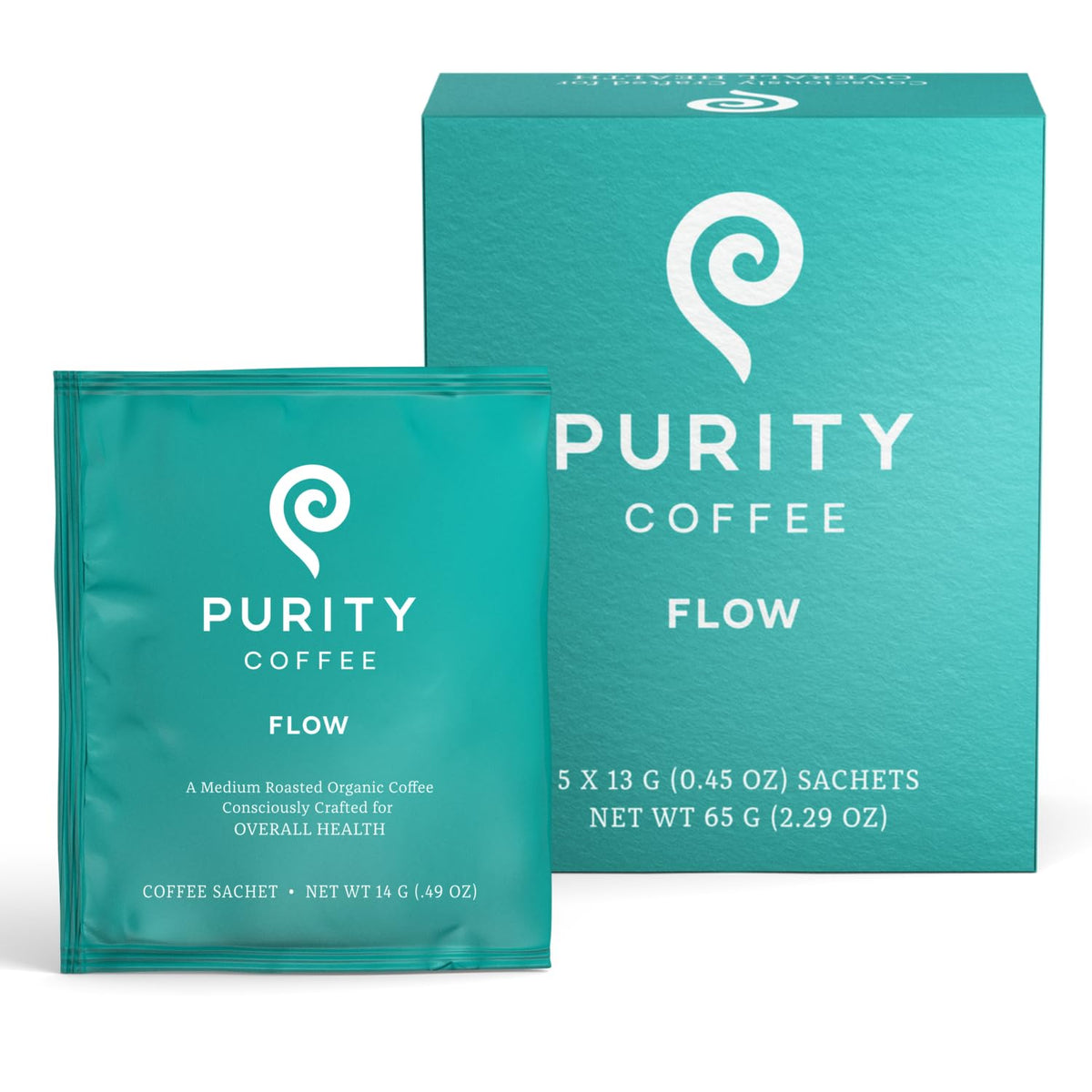 Purity Coffee FLOW box with original medium roast and sachets for convenient brewing