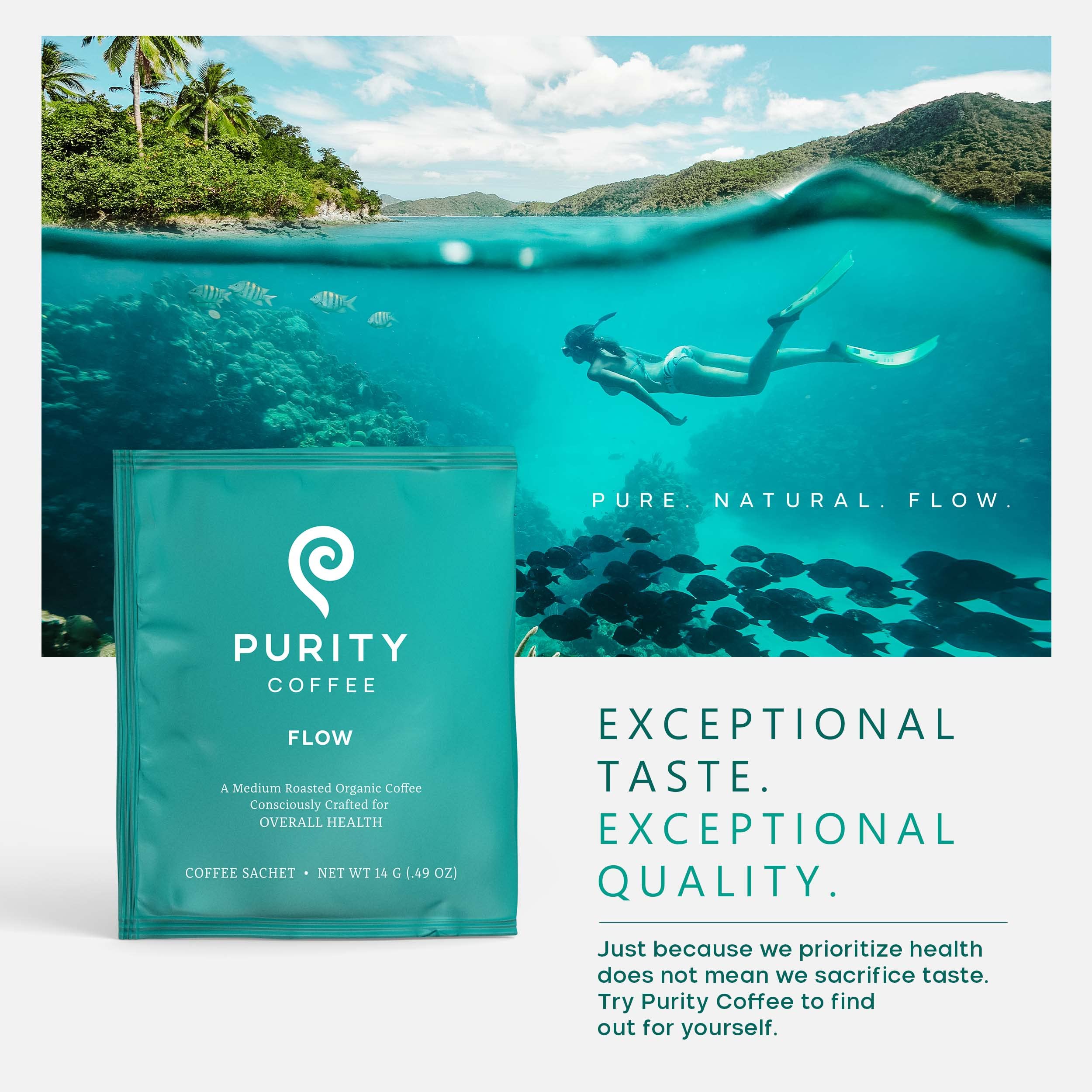 Purity Coffee FLOW packaging with Rainforest Alliance and Smithsonian Bird Friendly logos