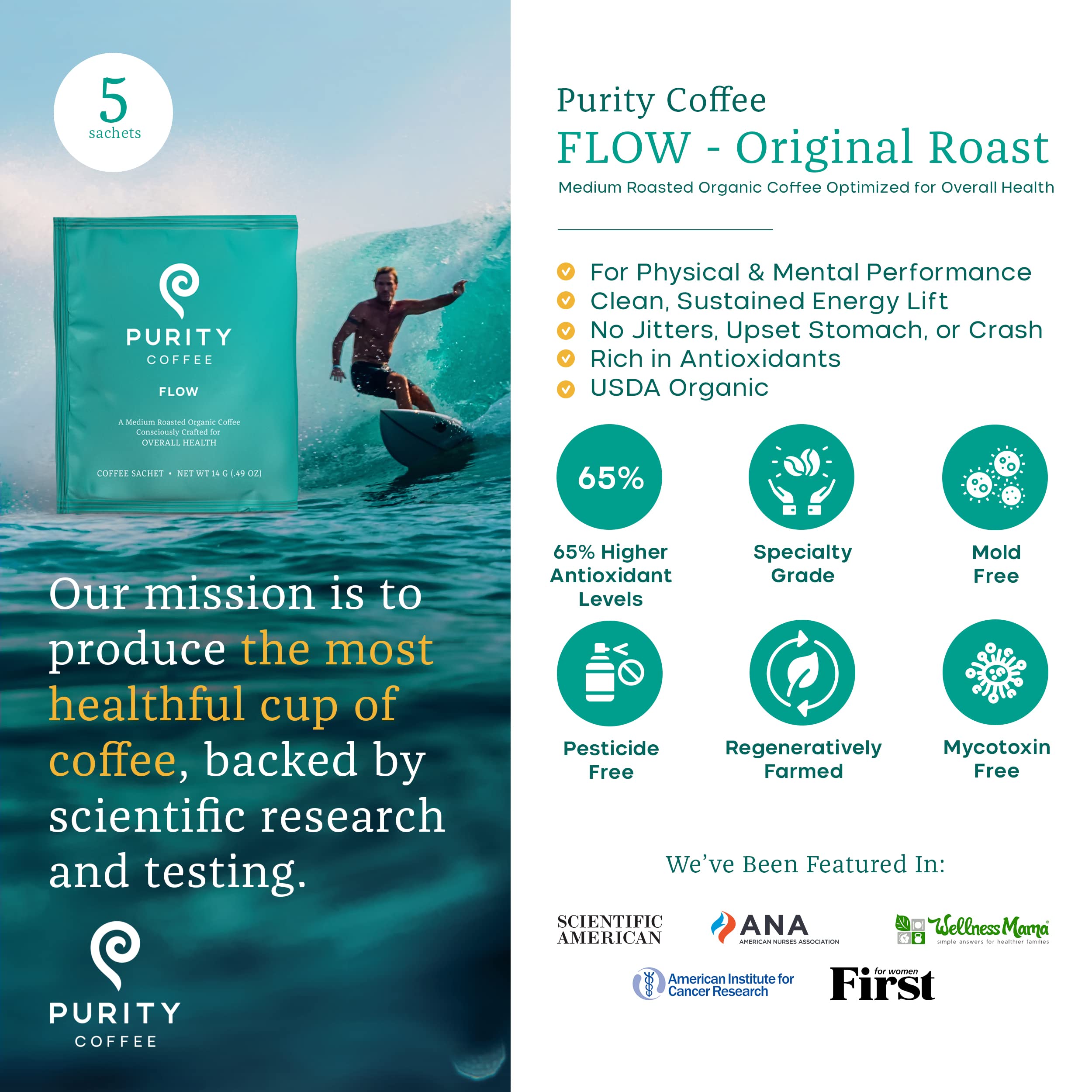 Purity Coffee FLOW label showing third-party testing and organic certifications