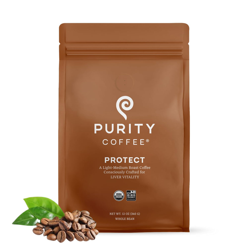 Purity Coffee PROTECT 12oz bag shows light medium roast for vibrant aroma.