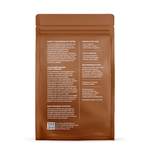 Purity Coffee PROTECT organic certifications visible on the packaging.