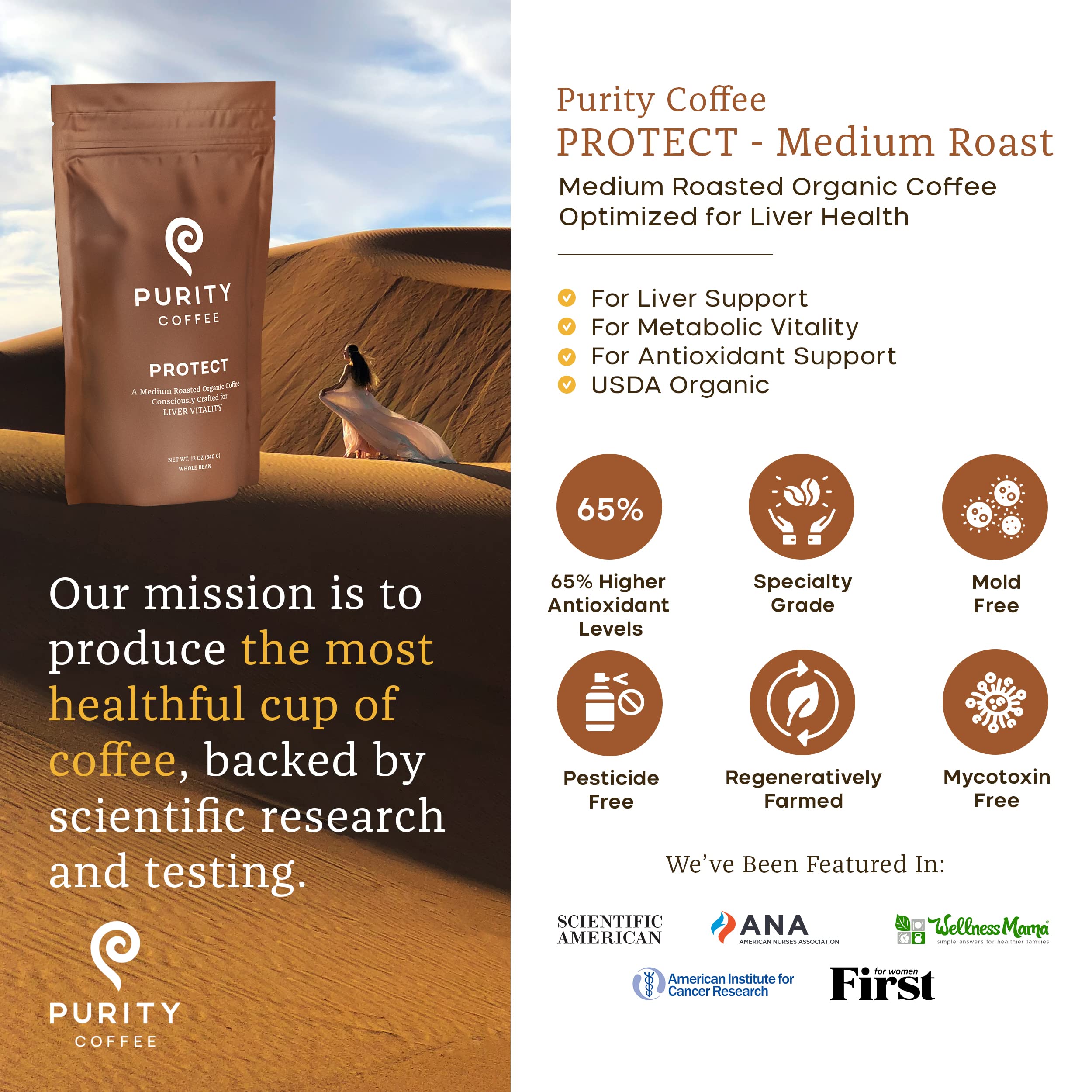 Purity Coffee PROTECT Rainforest Alliance label confirms sustainable farming.